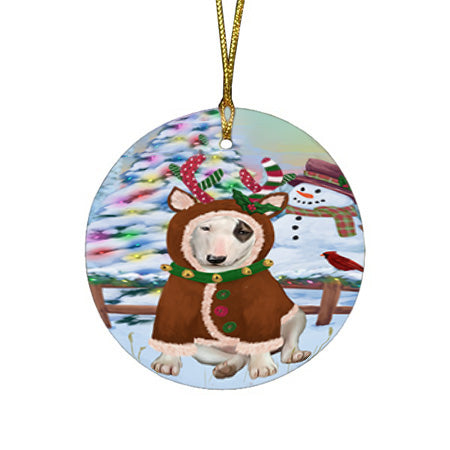 Christmas Gingerbread House Candyfest Bull Terrier Dog Round Flat Christmas Ornament RFPOR56574