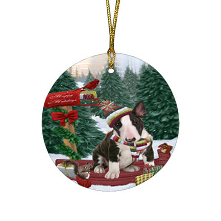 Merry Christmas Woodland Sled Bull Terrier Dog Round Flat Christmas Ornament RFPOR55229