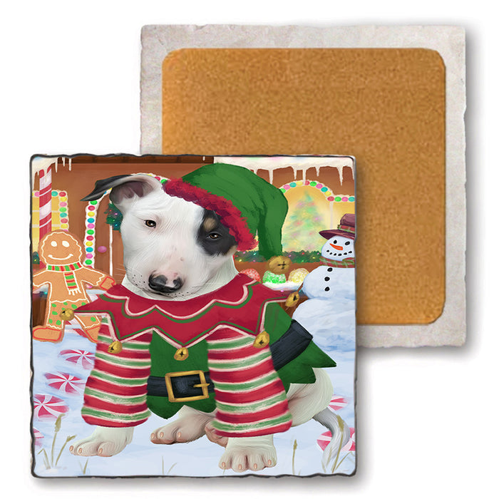 Christmas Gingerbread House Candyfest Bull Terrier Dog Set of 4 Natural Stone Marble Tile Coasters MCST51219