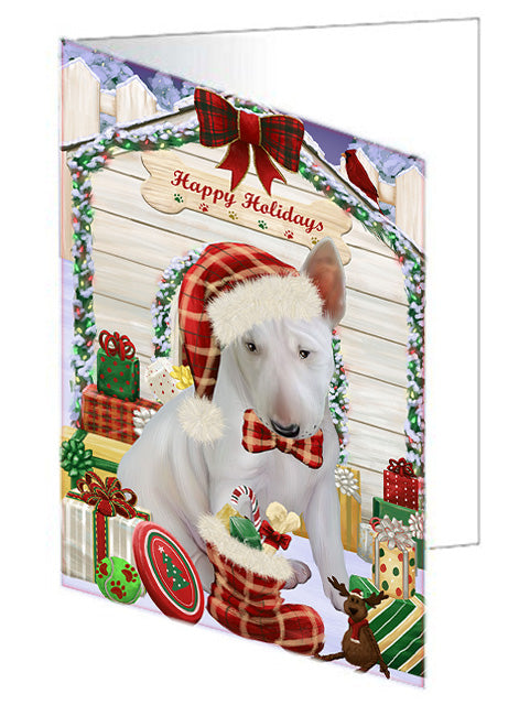 Happy Holidays Christmas Bull Terrier Dog House with Presents Handmade Artwork Assorted Pets Greeting Cards and Note Cards with Envelopes for All Occasions and Holiday Seasons GCD58127