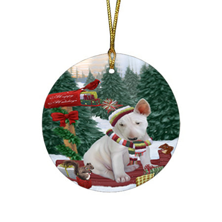 Merry Christmas Woodland Sled Bull Terrier Dog Round Flat Christmas Ornament RFPOR55230