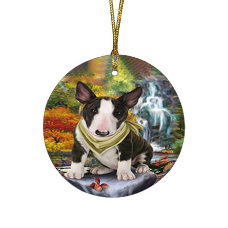 Scenic Waterfall Bull Terrier Dog Round Flat Christmas Ornament RFPOR51835
