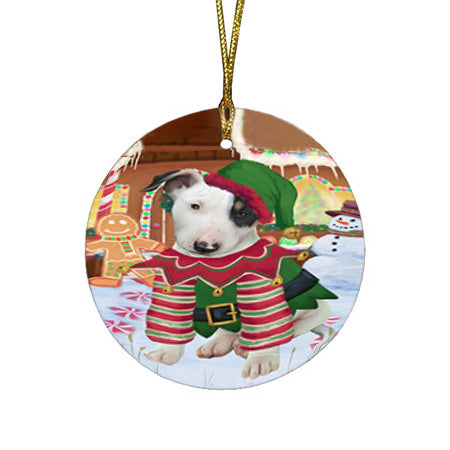Christmas Gingerbread House Candyfest Bull Terrier Dog Round Flat Christmas Ornament RFPOR56575