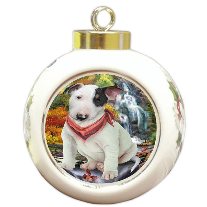 Scenic Waterfall Bull Terrier Dog Round Ball Christmas Ornament RBPOR51845