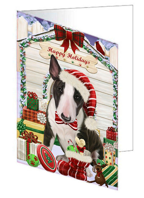 Happy Holidays Christmas Bull Terrier Dog House with Presents Handmade Artwork Assorted Pets Greeting Cards and Note Cards with Envelopes for All Occasions and Holiday Seasons GCD58130