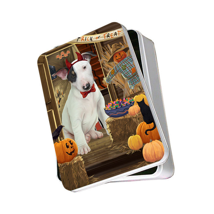 Enter at Own Risk Trick or Treat Halloween Bull Terrier Dog Photo Storage Tin PITN53052