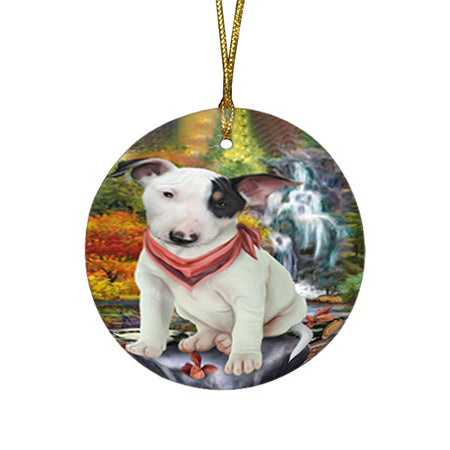 Scenic Waterfall Bull Terrier Dog Round Flat Christmas Ornament RFPOR51836