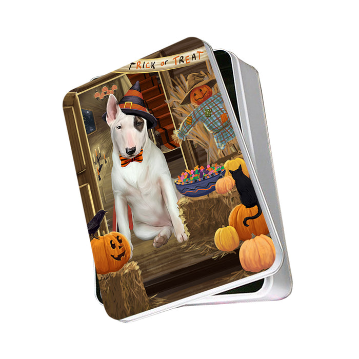 Enter at Own Risk Trick or Treat Halloween Bull Terrier Dog Photo Storage Tin PITN53053