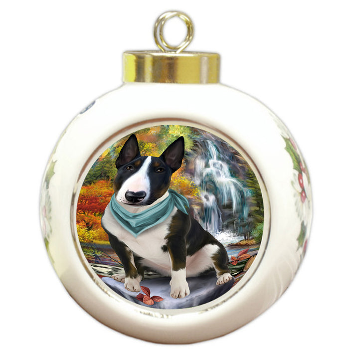 Scenic Waterfall Bull Terrier Dog Round Ball Christmas Ornament RBPOR51847