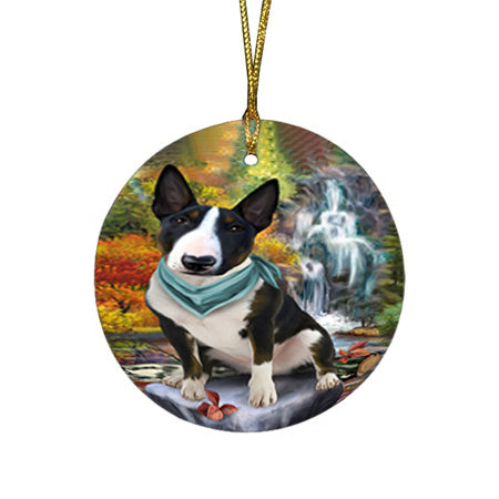 Scenic Waterfall Bull Terrier Dog Round Flat Christmas Ornament RFPOR51838