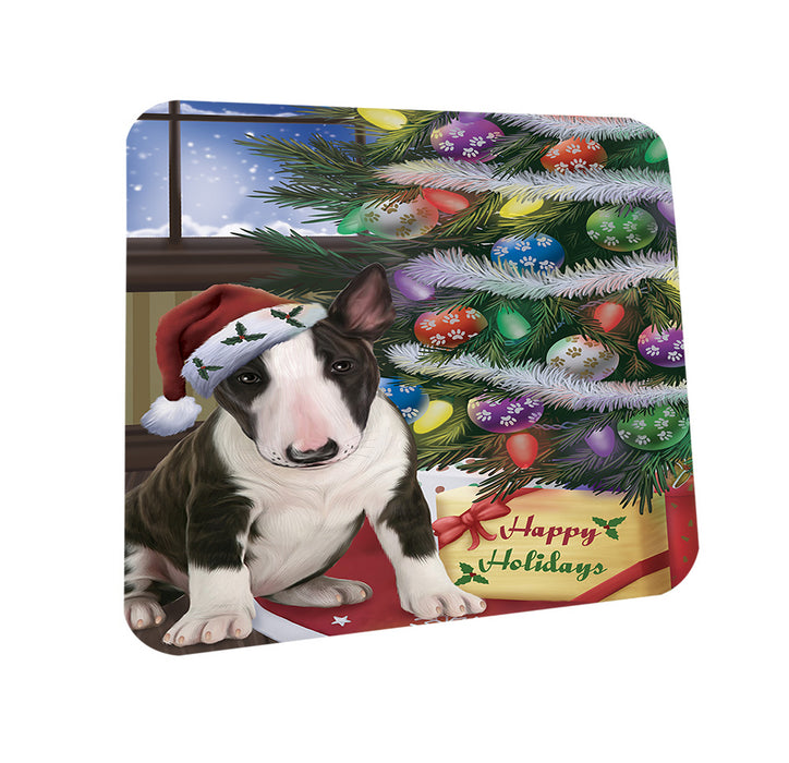 Christmas Happy Holidays Bull Terrier Dog with Tree and Presents Coasters Set of 4 CST53766