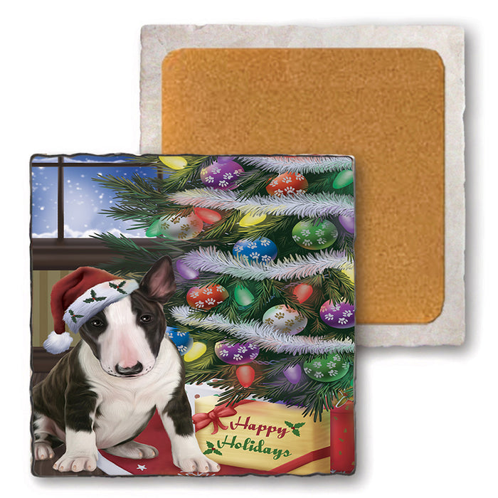 Christmas Happy Holidays Bull Terrier Dog with Tree and Presents Set of 4 Natural Stone Marble Tile Coasters MCST48808