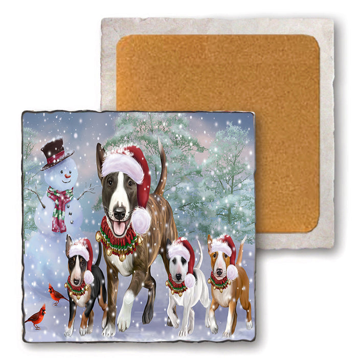 Christmas Running Family Bull Terrier Dogs Set of 4 Natural Stone Marble Tile Coasters MCST52127