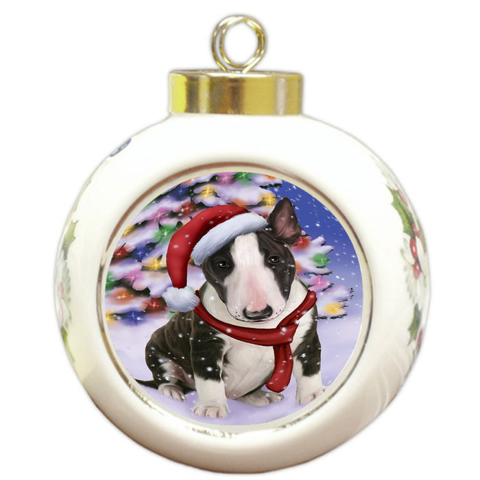 Winterland Wonderland Bull Terrier Dog In Christmas Holiday Scenic Background  Round Ball Christmas Ornament RBPOR53369