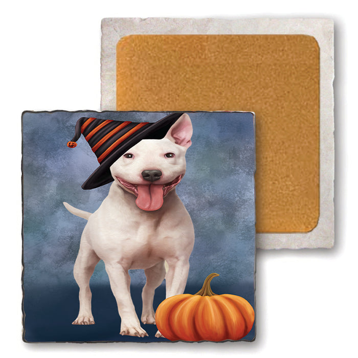 Happy Halloween Bull Terrier Dog Wearing Witch Hat with Pumpkin Set of 4 Natural Stone Marble Tile Coasters MCST49870