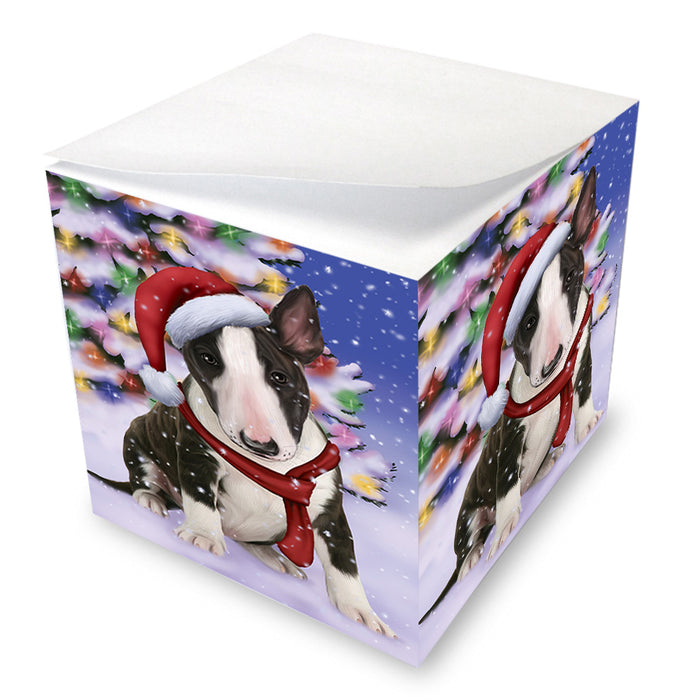 Winterland Wonderland Bull Terrier Dog In Christmas Holiday Scenic Background Note Cube NOC53369