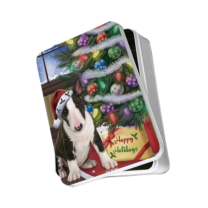 Christmas Happy Holidays Bull Terrier Dog with Tree and Presents Photo Storage Tin PITN53751