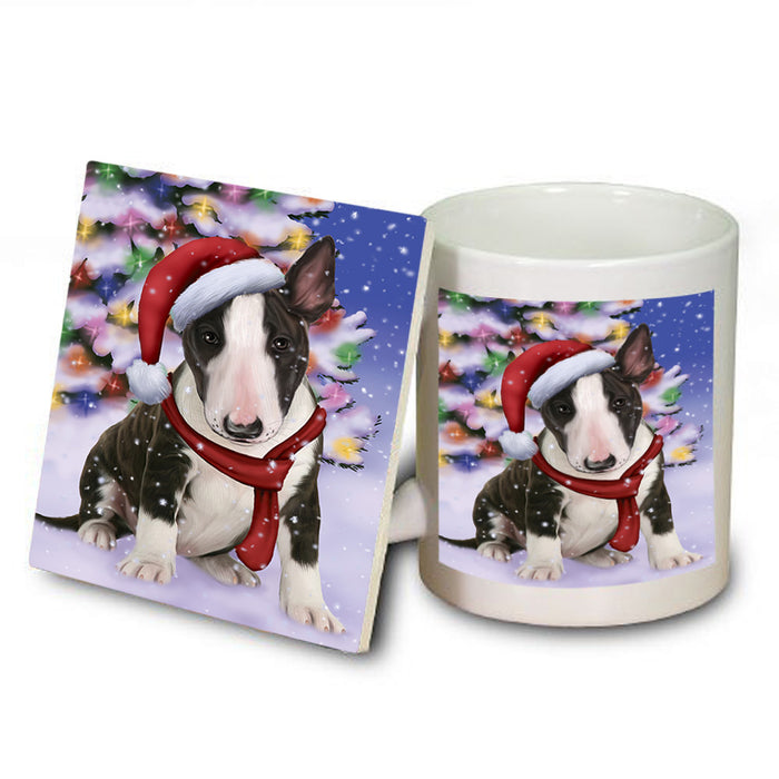 Winterland Wonderland Bull Terrier Dog In Christmas Holiday Scenic Background  Mug and Coaster Set MUC53361