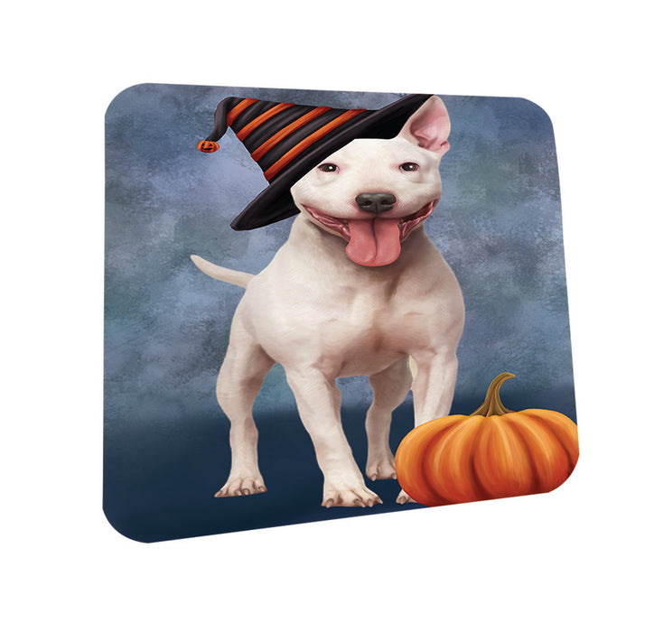 Happy Halloween Bull Terrier Dog Wearing Witch Hat with Pumpkin Coasters Set of 4 CST54828