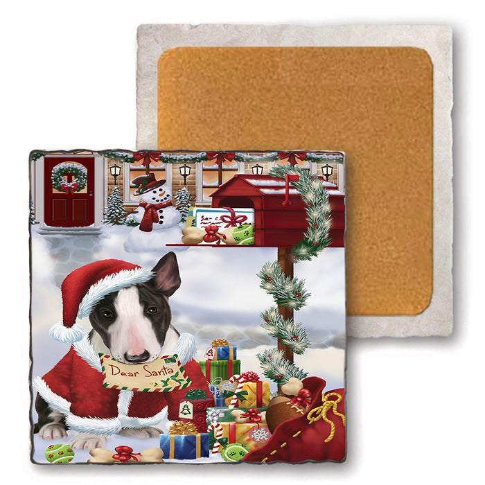 Bull Terrier Dog Dear Santa Letter Christmas Holiday Mailbox Set of 4 Natural Stone Marble Tile Coasters MCST48878