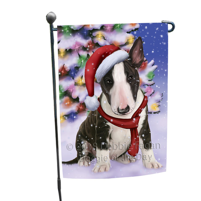 Winterland Wonderland Bull Terrier Dog In Christmas Holiday Scenic Background  Garden Flag GFLG53431