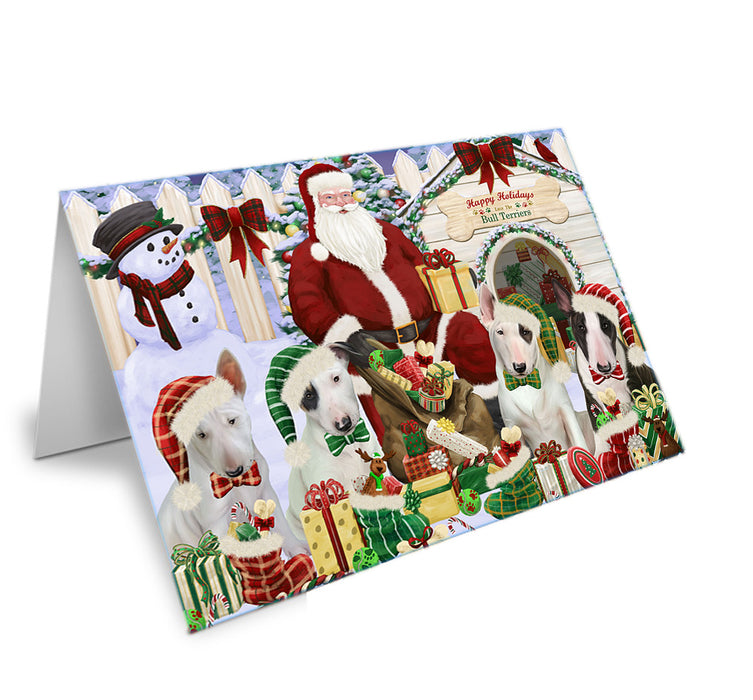 Happy Holidays Christmas Bull Terriers Dog House Gathering Handmade Artwork Assorted Pets Greeting Cards and Note Cards with Envelopes for All Occasions and Holiday Seasons GCD57890