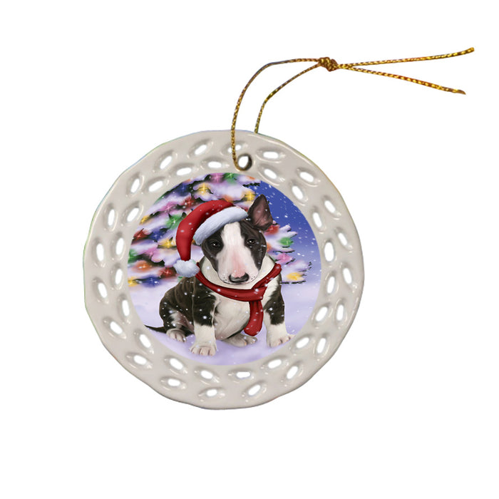 Winterland Wonderland Bull Terrier Dog In Christmas Holiday Scenic Background  Ceramic Doily Ornament DPOR53369