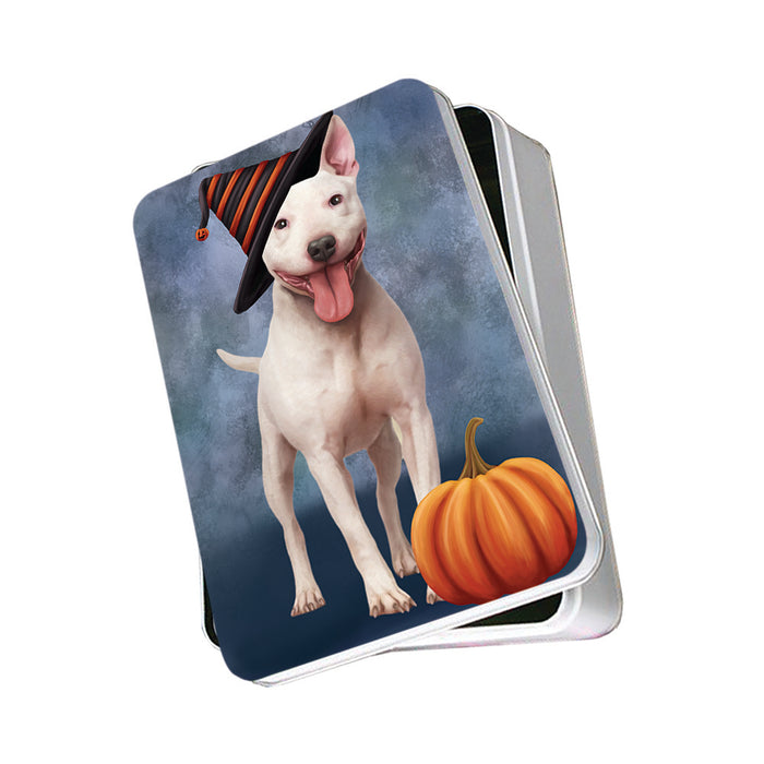 Happy Halloween Bull Terrier Dog Wearing Witch Hat with Pumpkin Photo Storage Tin PITN54813