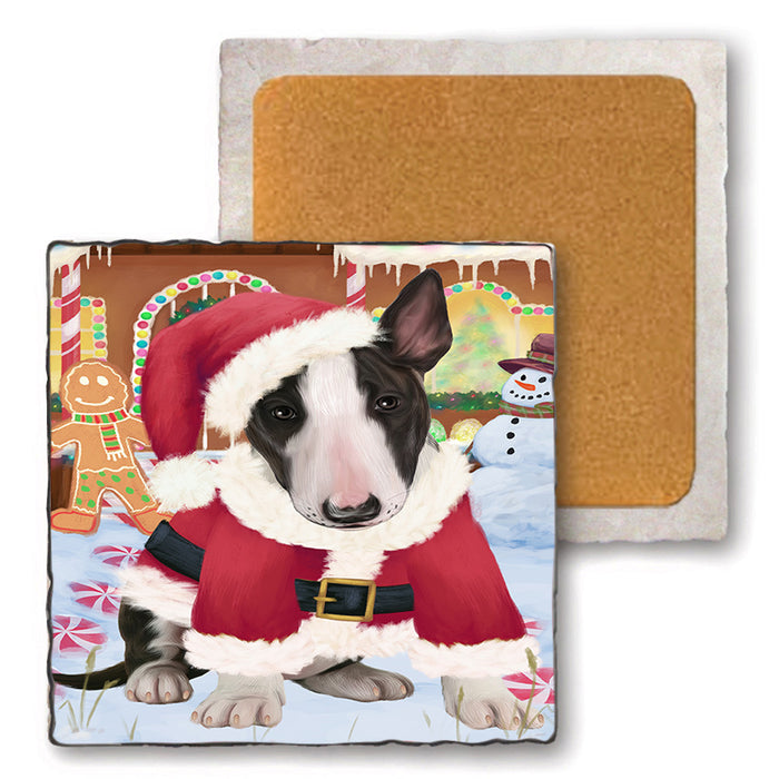 Christmas Gingerbread House Candyfest Bull Terrier Dog Set of 4 Natural Stone Marble Tile Coasters MCST51289