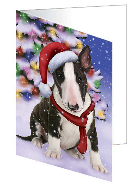 Winterland Wonderland Bull Terrier Dog In Christmas Holiday Scenic Background  Handmade Artwork Assorted Pets Greeting Cards and Note Cards with Envelopes for All Occasions and Holiday Seasons GCD64136