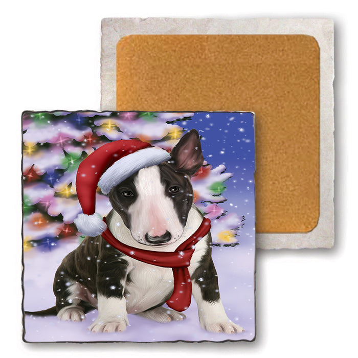 Winterland Wonderland Bull Terrier Dog In Christmas Holiday Scenic Background  Set of 4 Natural Stone Marble Tile Coasters MCST48369