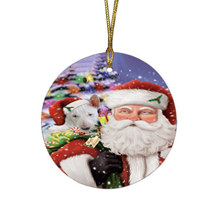Santa Carrying Bull Terrier Dog and Christmas Presents Round Flat Christmas Ornament RFPOR53958