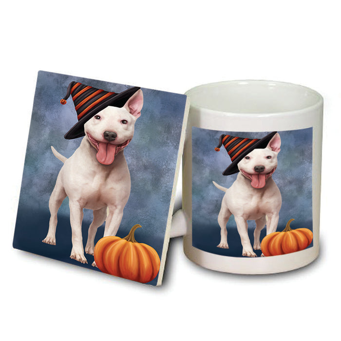 Happy Halloween Bull Terrier Dog Wearing Witch Hat with Pumpkin Mug and Coaster Set MUC54862
