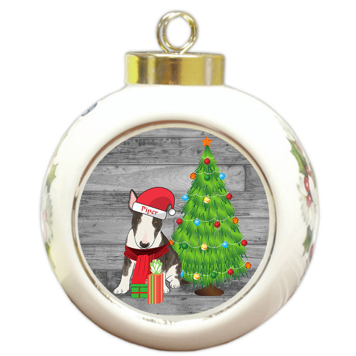 Custom Personalized Bull Terrier Dog With Tree and Presents Christmas Round Ball Ornament