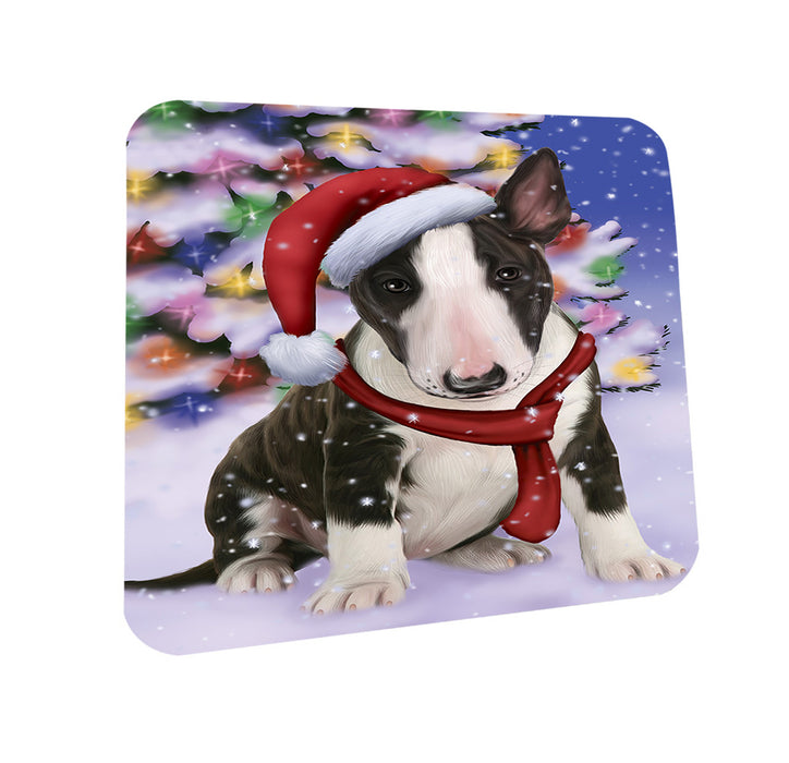 Winterland Wonderland Bull Terrier Dog In Christmas Holiday Scenic Background  Coasters Set of 4 CST53327
