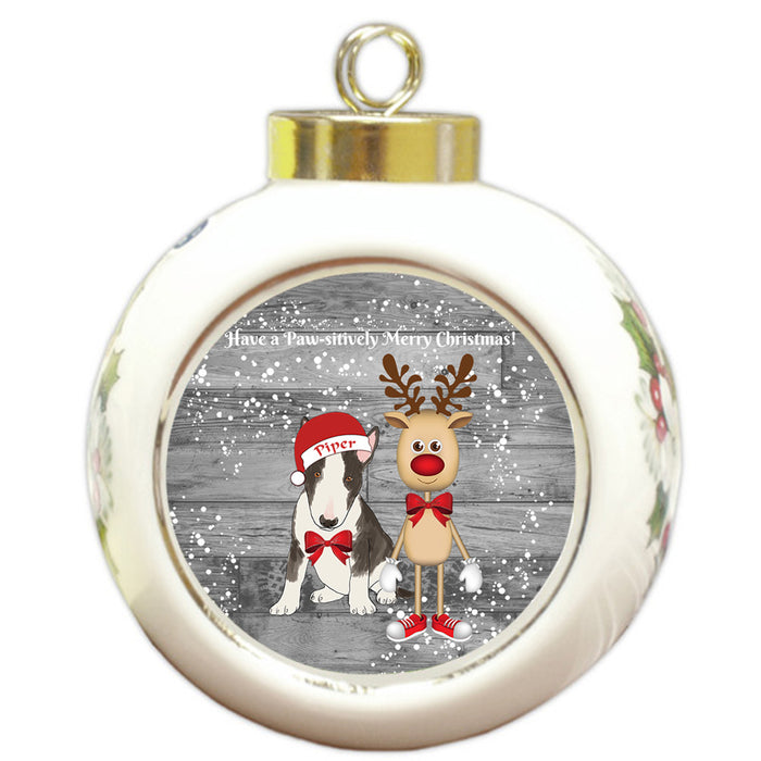Custom Personalized Bull Terrier Dog Reindeer and Pooch Christmas Round Ball Ornament