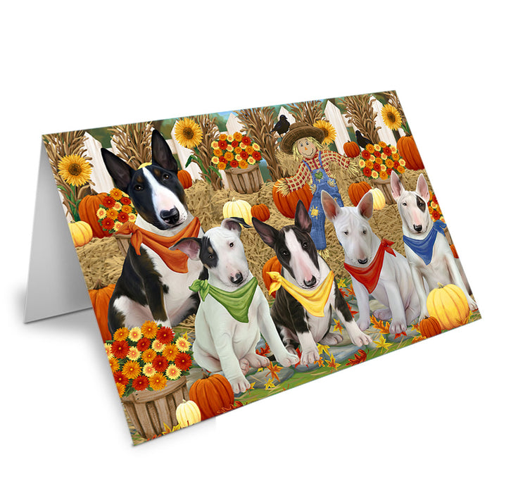 Fall Festive Gathering Bull Terriers Dog with Pumpkins Handmade Artwork Assorted Pets Greeting Cards and Note Cards with Envelopes for All Occasions and Holiday Seasons GCD55922