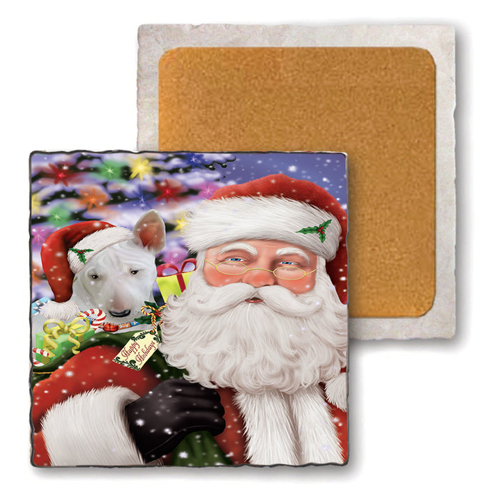 Santa Carrying Bull Terrier Dog and Christmas Presents Set of 4 Natural Stone Marble Tile Coasters MCST48967