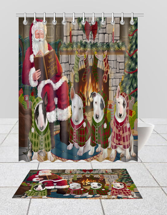 Christmas Cozy Holiday Fire Tails Bull Terrier Dogs Bath Mat and Shower Curtain Combo