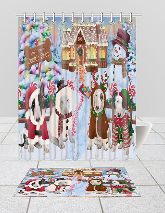 Holiday Gingerbread Cookie Bull Terrier Dogs  Bath Mat and Shower Curtain Combo