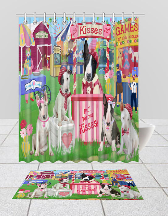 Carnival Kissing Booth Bull Terrier Dogs  Bath Mat and Shower Curtain Combo