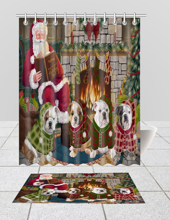 Christmas Cozy Holiday Fire Tails Bulldog Dogs Bath Mat and Shower Curtain Combo