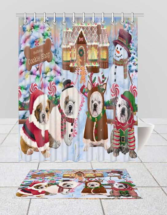 Holiday Gingerbread Cookie Bulldog Dogs  Bath Mat and Shower Curtain Combo