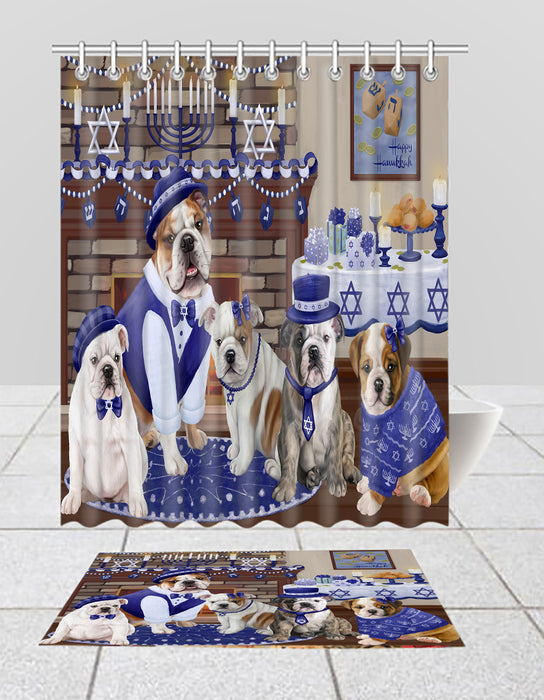 Happy Hanukkah Family Bulldog Dogs Bath Mat and Shower Curtain Combo