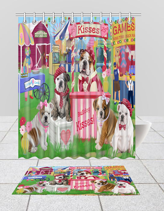 Carnival Kissing Booth BullDogs  Bath Mat and Shower Curtain Combo