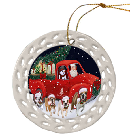 Christmas Express Delivery Red Truck Running Bulldog Doily Ornament DPOR59251
