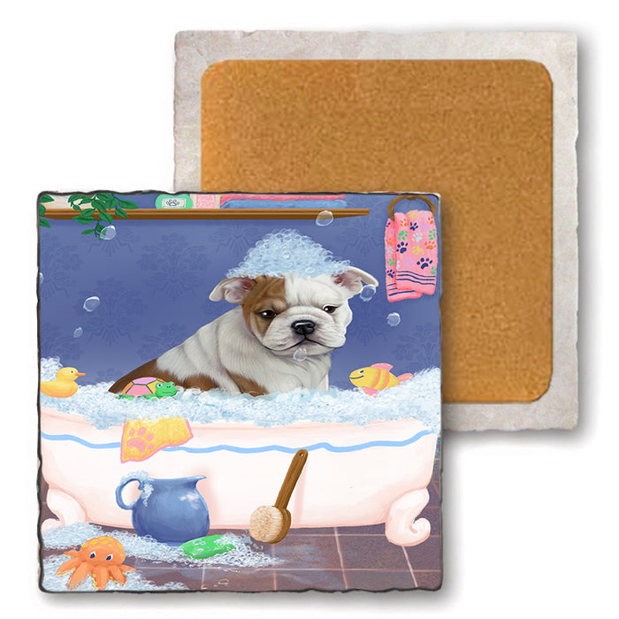 Rub A Dub Dog In A Tub Bulldog Set of 4 Natural Stone Marble Tile Coasters MCST52330