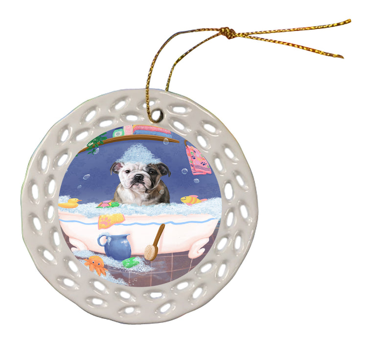 Rub A Dub Dog In A Tub Bulldog Doily Ornament DPOR58218
