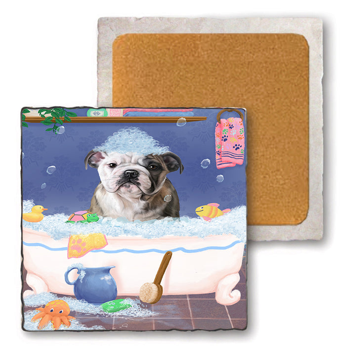 Rub A Dub Dog In A Tub Bulldog Set of 4 Natural Stone Marble Tile Coasters MCST52327
