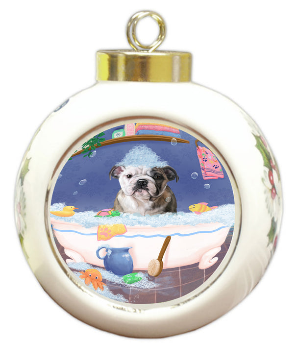 Rub A Dub Dog In A Tub Bulldog Round Ball Christmas Ornament RBPOR58551